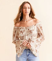 Willow & Root Floral Mesh Ruffle Top