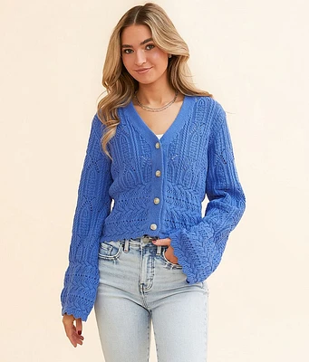 Lush Pointelle Cropped Cardigan Sweater