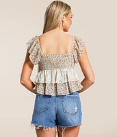 Floral Ruffle Chiffon Cropped Top