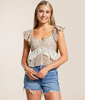 Floral Ruffle Chiffon Cropped Top