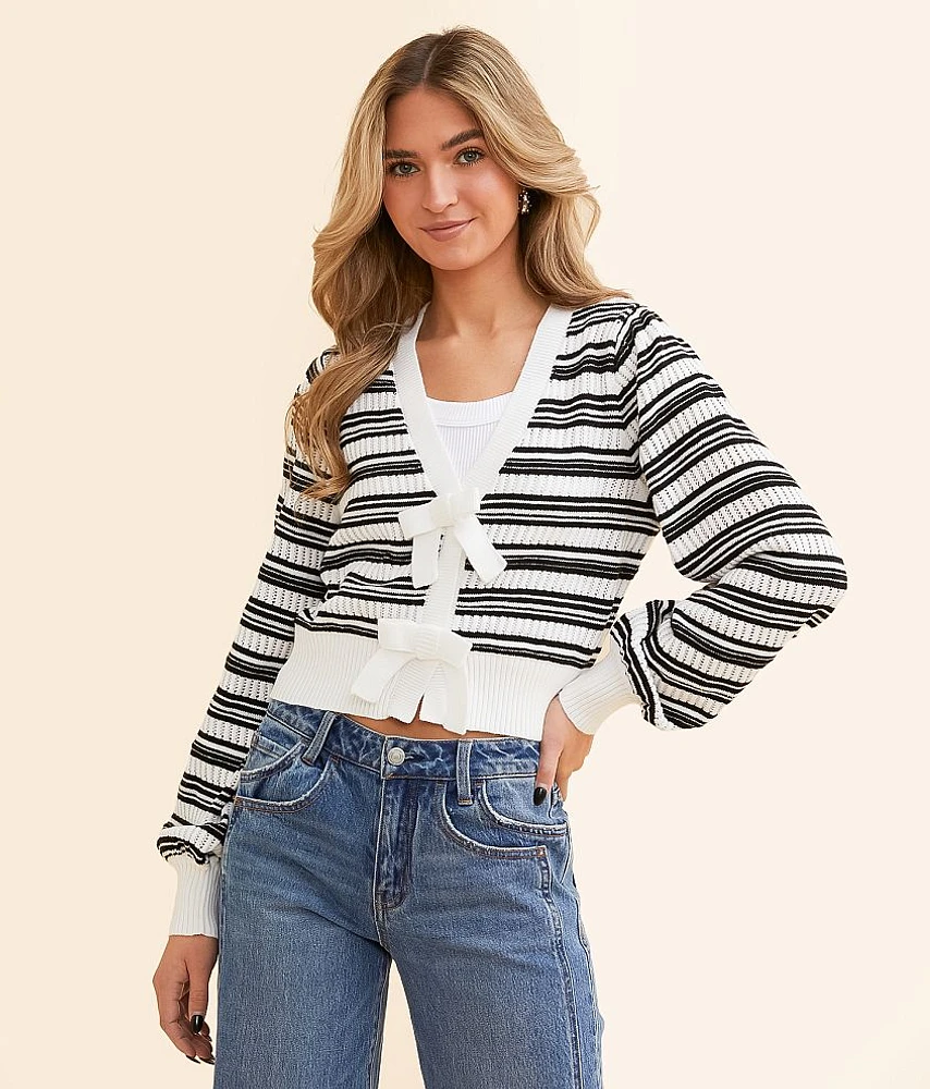 Lush Striped Bow Cropped Cardigan Sweater