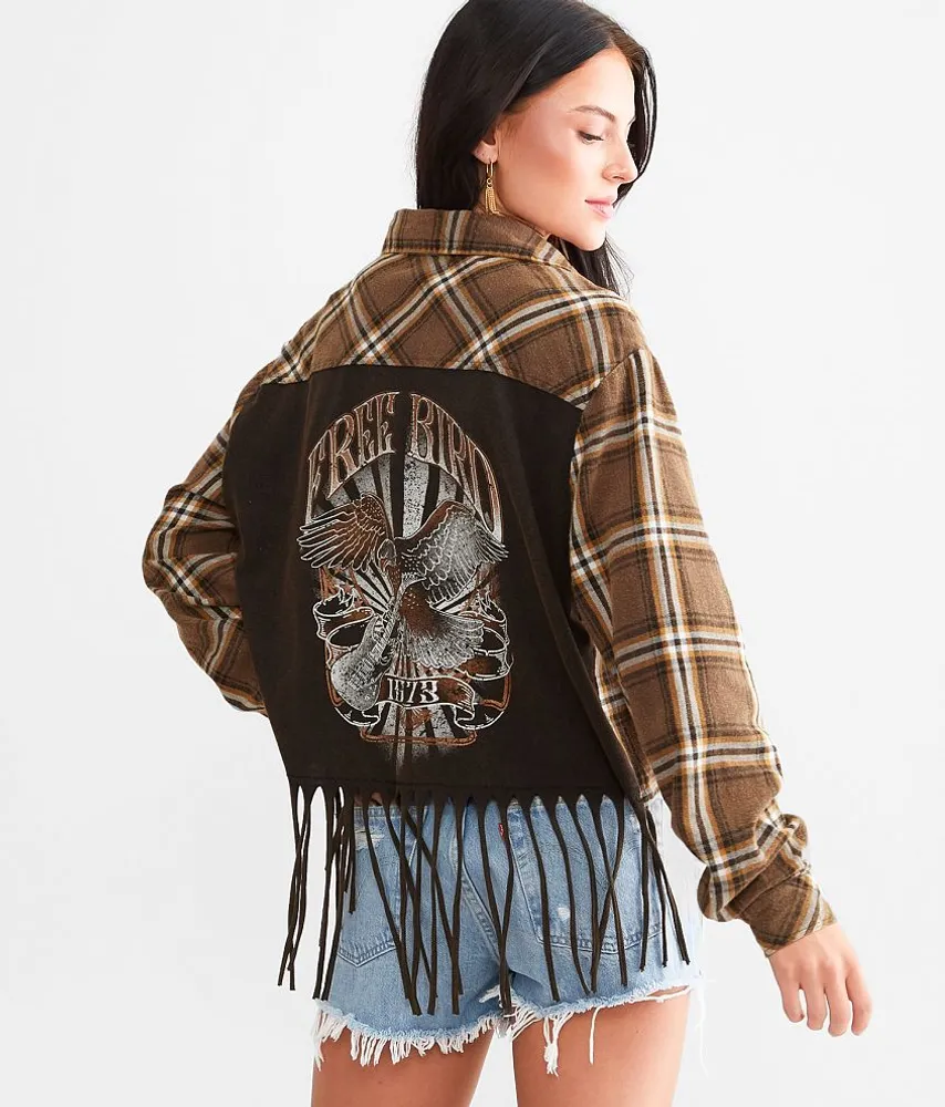 La Land Free Bird Cropped Fringe Flannel Shirt