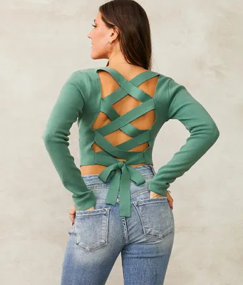 LE LIS Back Lace-Up Fitted Sweater