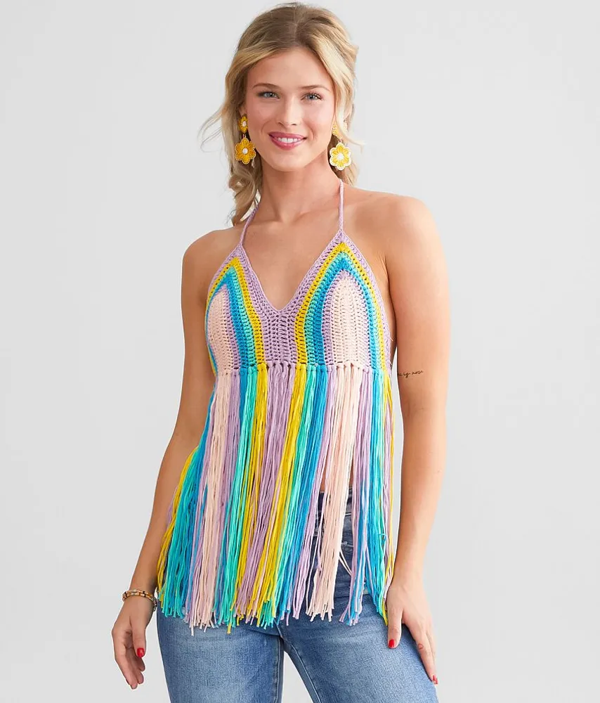 Mable Rainbow Fringe Halter Tank Top