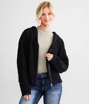 Daytrip Chenille Destructed Hooded Cardigan Sweater