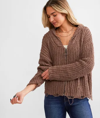 Daytrip Chenille Destructed Hooded Cardigan Sweater