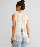 Embroidered Mesh Fringe Tank Top