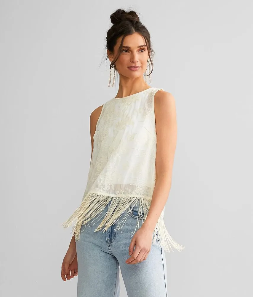 Embroidered Mesh Fringe Tank Top