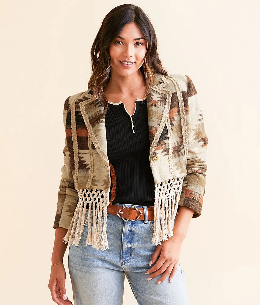 Miss Me Aztec Macrame Fringe Cropped Blazer