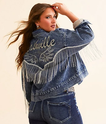 Miss Me Nashville Rhinestone Fringe Denim Jacket