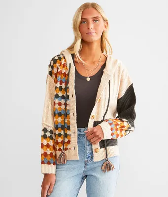 Miss Me Mixed Print Hooded Cardigan Sweater