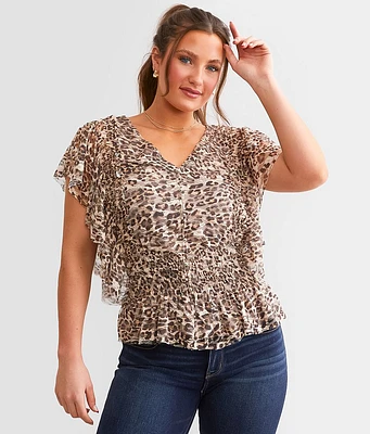 Daytrip Cheetah Lace Smocked Top