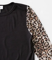 Girls - Animal Print Mesh Sleeve Top