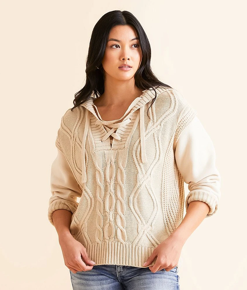 BKE Cable Lace-Up Hooded Sweater