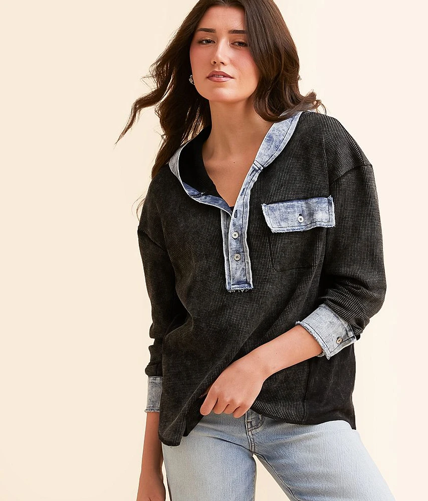 BKE Waffle Knit Denim Hooded Henley