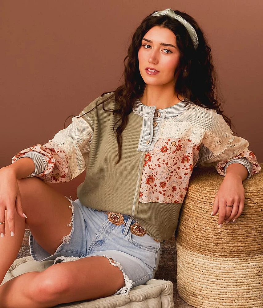 Pieced Floral Boxy Henley