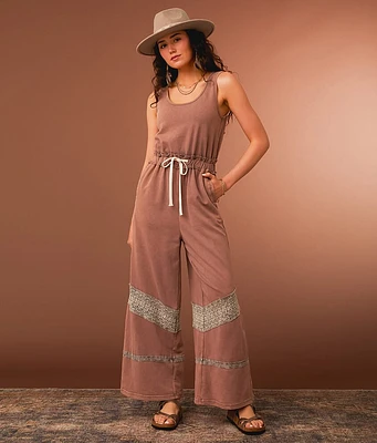 Washed Crochet Inset Wide Leg Jumpsuit