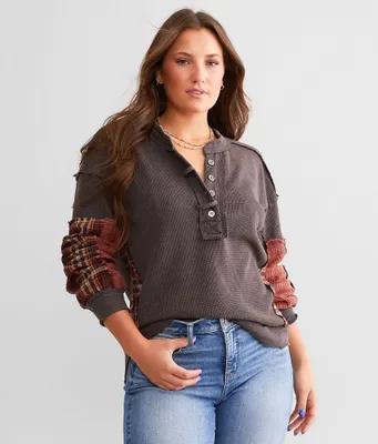 BKE Pieced Plaid Thermal Henley