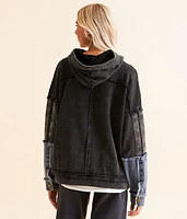 Pieced Denim Hooded Sweatshirt