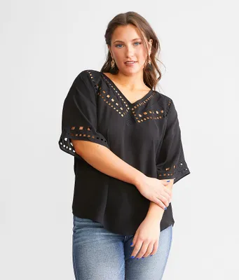 Buckle Black Embroidered Cut-Out Top