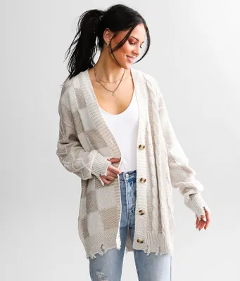 BKE Checkered Cable Knit Cardigan Sweater