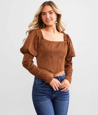 Papermoon Satin Puff Sleeve Cropped Top