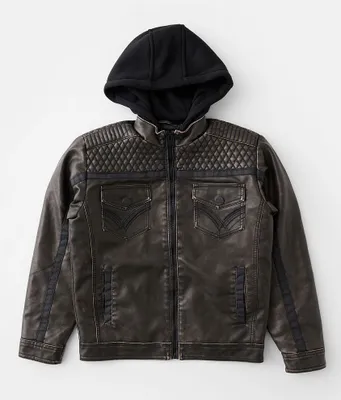 Boys - Buckle Black Washed Faux Leather Hooded Jacket