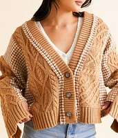 Pieced Houndstooth Cardigan Sweater