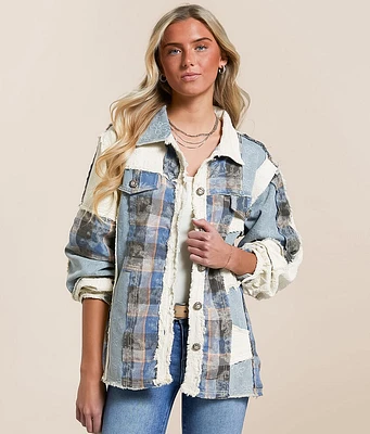 POL Pieced Plaid & Denim Jacket