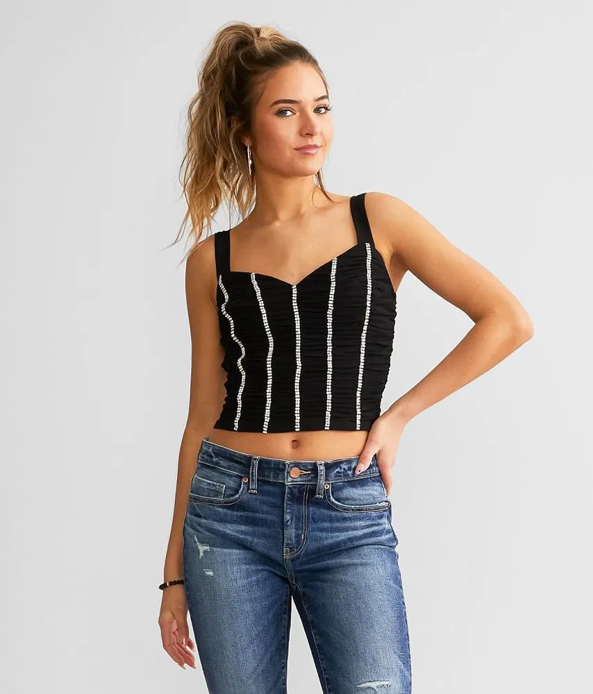 Ruched Rhinestone Cropped Tank Top