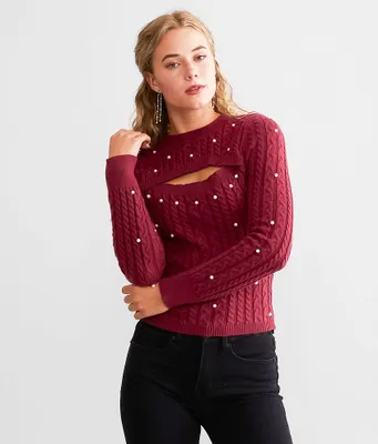 red by BKE Cut-Out Faux Pearl Sweater