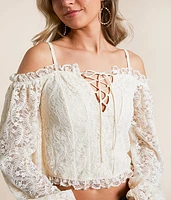 Cold Shoulder Floral Lace Cropped Top