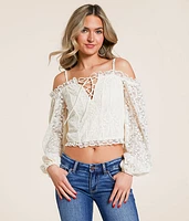 Cold Shoulder Floral Lace Cropped Top