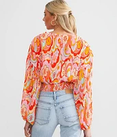 Pleated Surplice Retro Floral Cropped Top