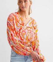 Pleated Surplice Retro Floral Cropped Top