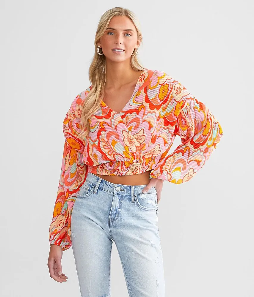 Pleated Surplice Retro Floral Cropped Top