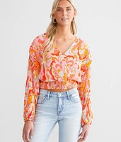 Pleated Surplice Retro Floral Cropped Top