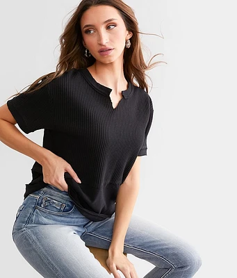 Split Neck Waffle Knit Top