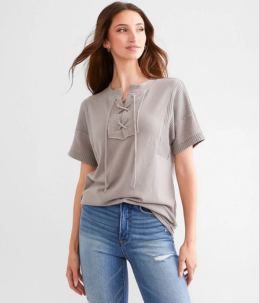 Lace Up Waffle Knit Top