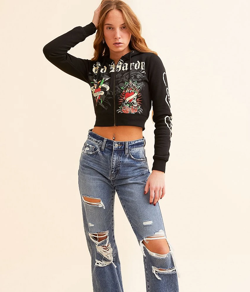 Ed Hardy Rose Skull Cropped Hoodie