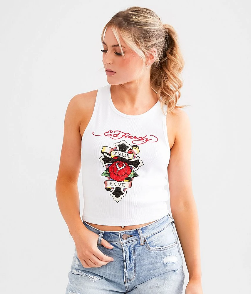 Ed Hardy Rhinestone Cross Cropped Tank Top