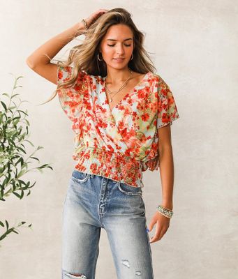 Willow & Root Floral Chiffon Surplice Top