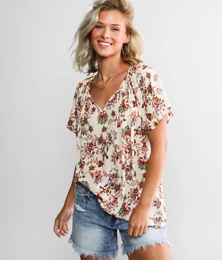 Buy Lucky Brand women scoop neck short sleeves floral pattern