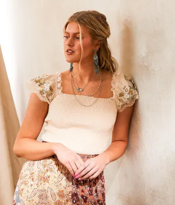 Gimmicks Smocked Lace Cropped Top