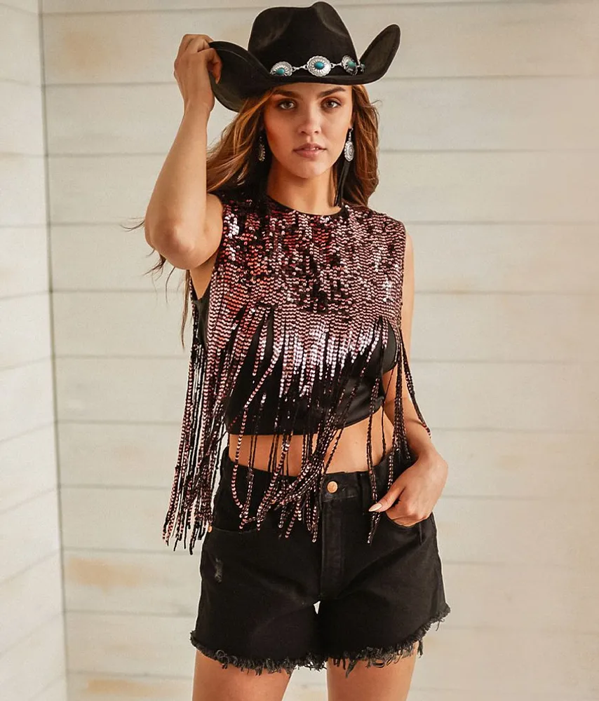 Large Disc Sequin Fringe Detail Crop Top