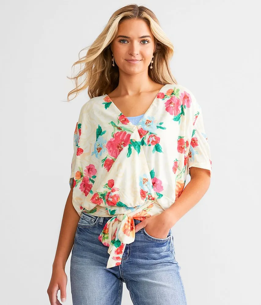 Willow & Root Floral Mesh Surplice Top