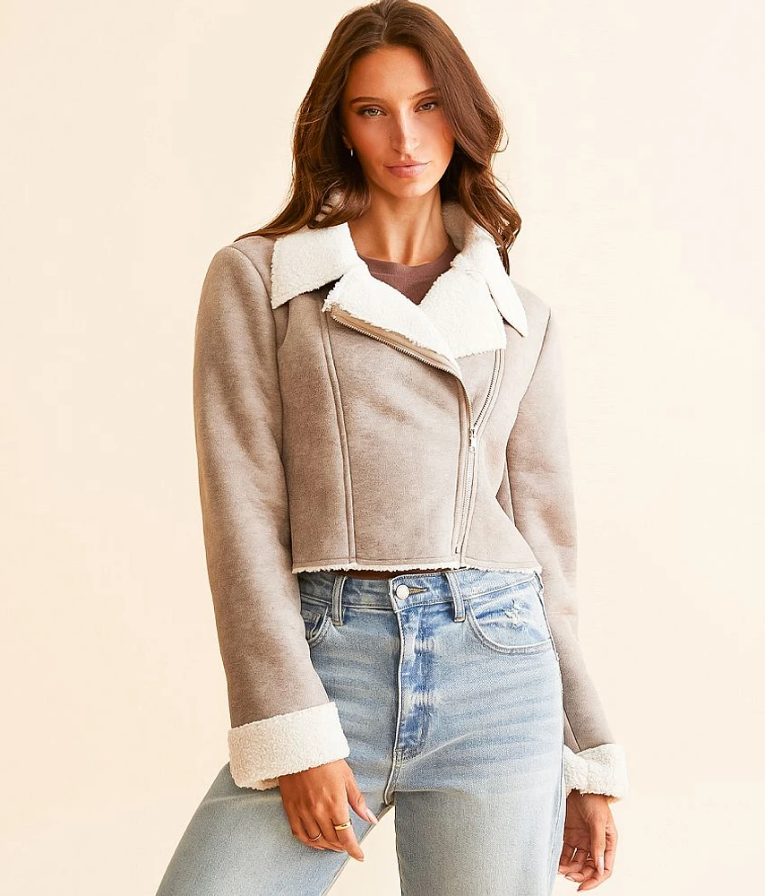 Know One Cares Faux Suede Moto Cropped Jacket