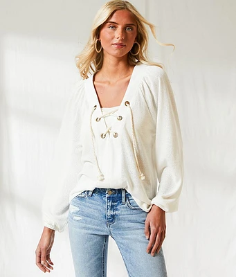 BKE Resort Textured Lace-Up Top