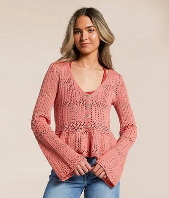 Pointelle Peplum Cardigan Sweater
