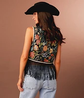 Metallic Floral Jacquard Fringe Vest